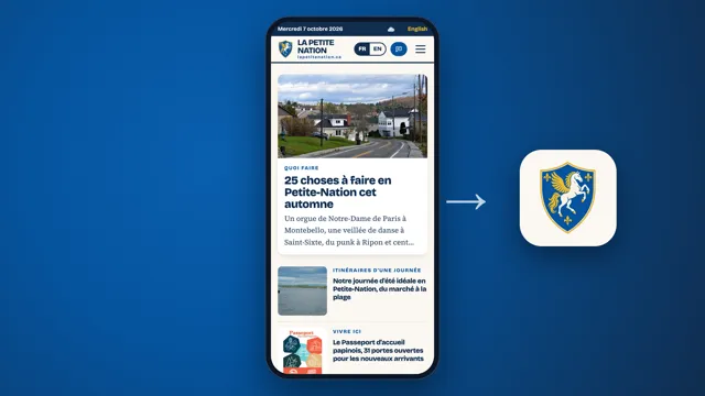 La page d'accueil de lapetitenation.ca sur un téléphone, à côté de l'icône de l'application avec l'écusson