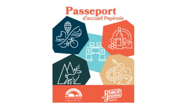 Cover of the Passeport d'accueil papinois: icons for outdoors, wine and cheese, arts and nature