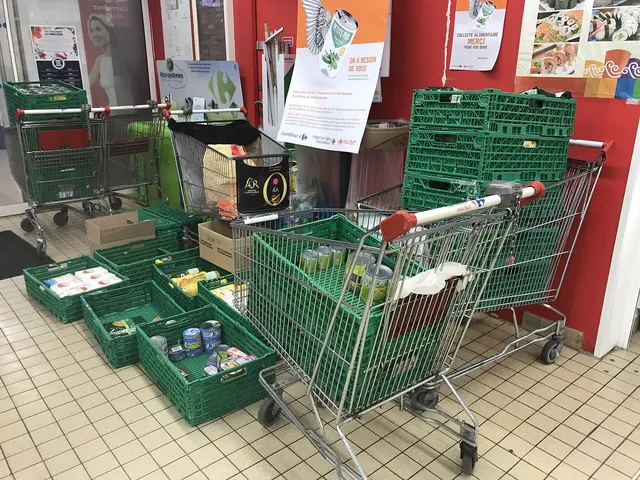 Shopping carts filled with donations during a food bank drive