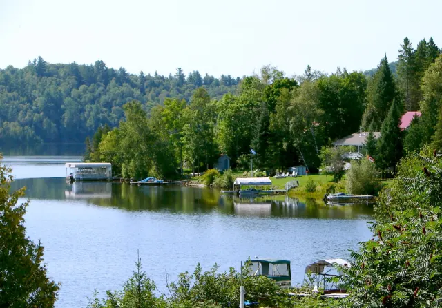 The Escalier Reservoir in Bowman, lined with trees and cottages