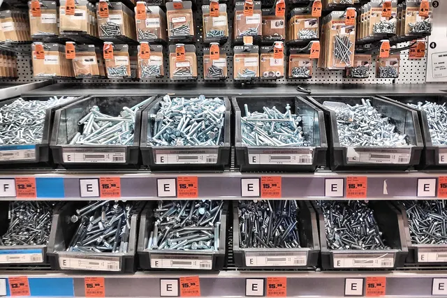 Bins of screws and bolts in a hardware store