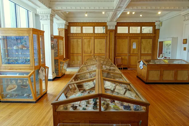 Wooden exhibit cases in a museum gallery