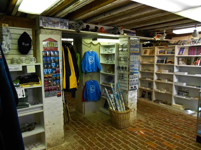 Inside a small gift shop with wooden shelves