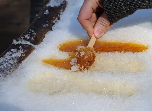 Maple taffy being rolled onto a stick on snow