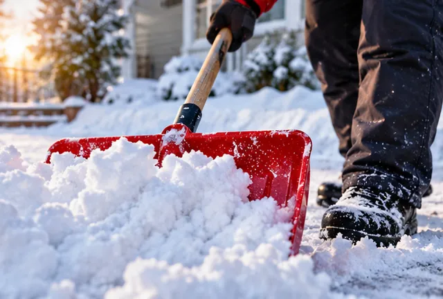 Une pelle rouge pousse la neige dans une entrée de maison