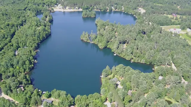 Aerial view of Lac Lévesque in July, blue water and wooded shores dotted with cottages