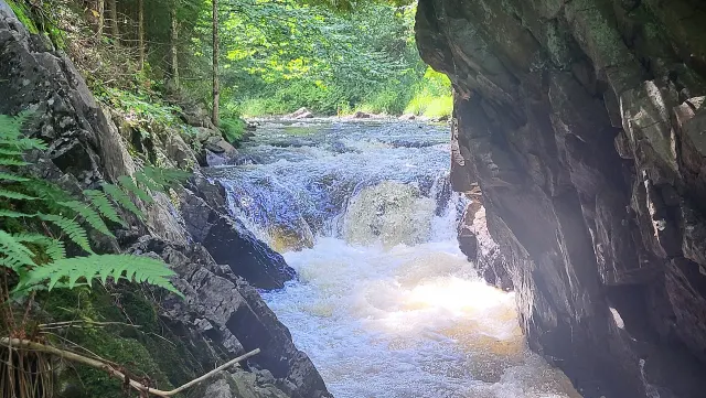 The Chute Minée rapids flowing between rock walls and ferns