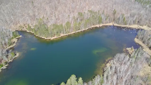 Aerial view of Lac Chartrand in spring, the forest still bare