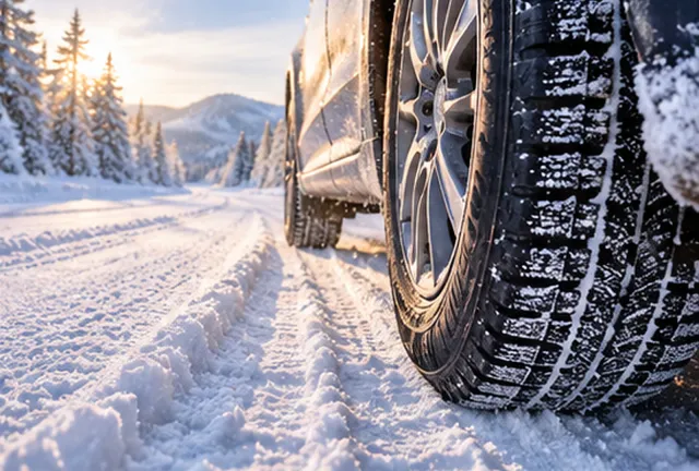 Un pneu d’hiver sur une route couverte de neige, au soleil levant