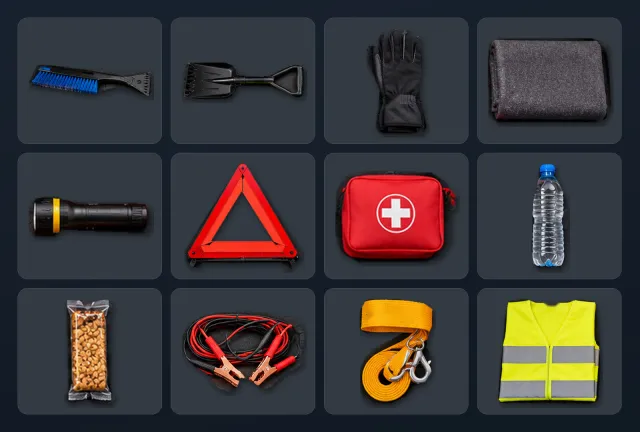 Le contenu d’une trousse d’urgence d’hiver : balai-grattoir, pelle pliante, gants, couverture, lampe de poche, triangle réfléchissant, trousse de premiers soins, eau, barre de céréales, câbles de démarrage, sangle de remorquage et dossard